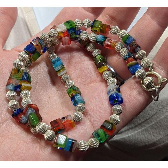 Millefiori Glass Cube And Silver Tone Beaded Necklace - Picture 4 of 6